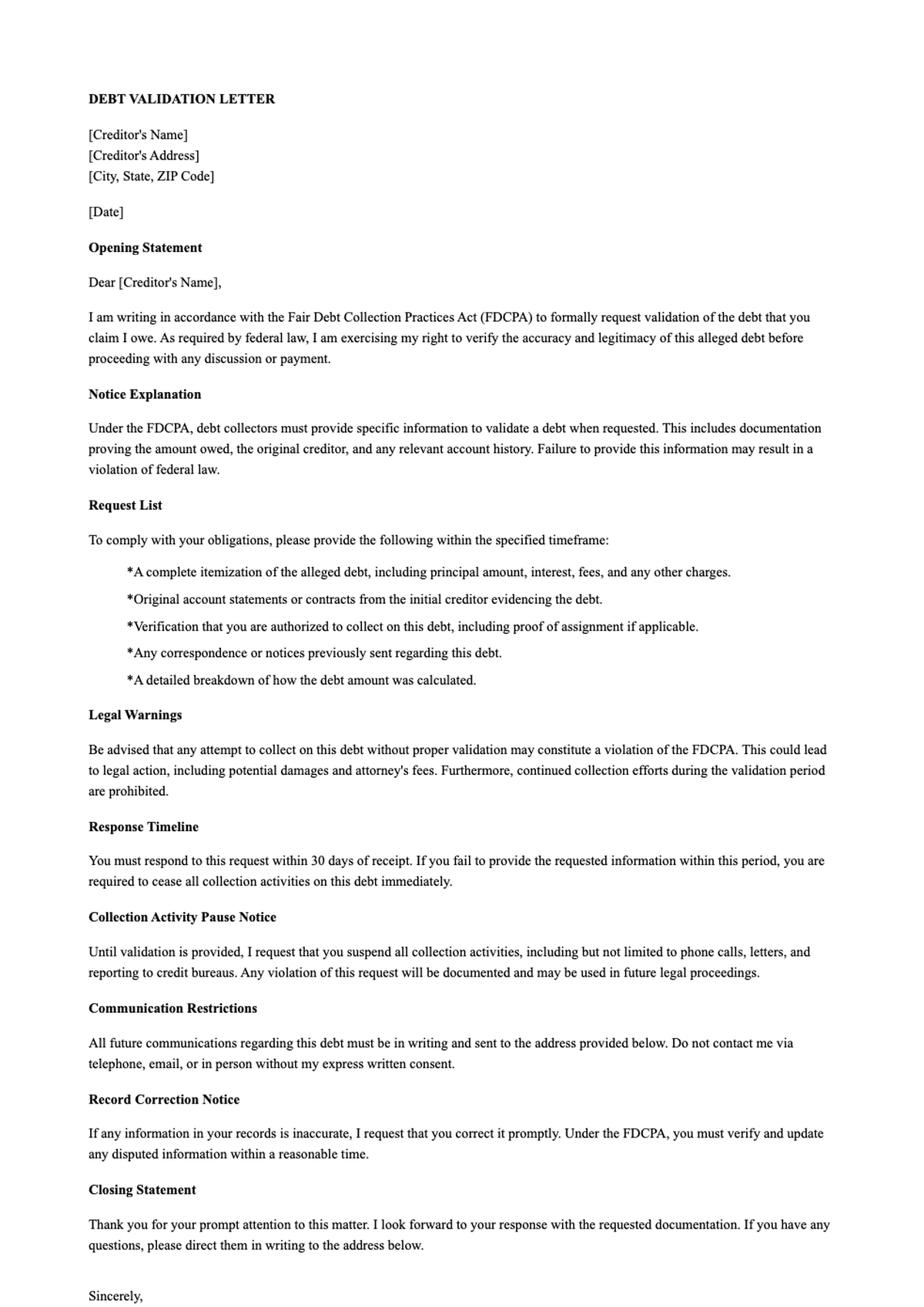 Sample debt validation letter under FDCPA with legal verification requests and signature lines_variant_1